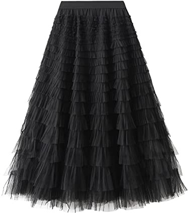 Womans Layered Mesh Tulle Skirt A-Line Tutu Skirt Casual Puffy Maxi Skirts Prom Skirt (A-Black, ONE Size)