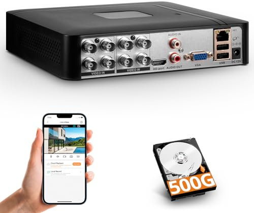 Surveillance DVR 8 Channel H.265+ Security Video Recorder with 500G HDD,Hybrid 6-in-1 CCTV DVR for CVBS/AHD/TVI/XVI/CVI/IP Camera,DVR for Security Camera Home Surveillance System,Mobile APP&PC Remote