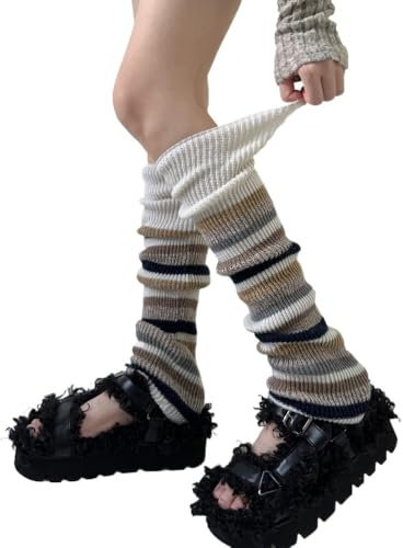 zaoalife Beinstulpen für Mädchen Damen, Beinstulpen Wolle Beinstulpen Gestrickte Rüschensocken Gestreifte Socken Y2K, Cremeweiß, Medium