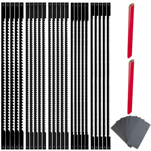 TXErfolg Set di 20 lame per sega a decubo 133 mm con 8 pezzi di carta vetrata P120-P2500 e 2 matite HB lame per sega a traforo con penna 10/15/18/20/24 denti per seghe da decubaggio per la
