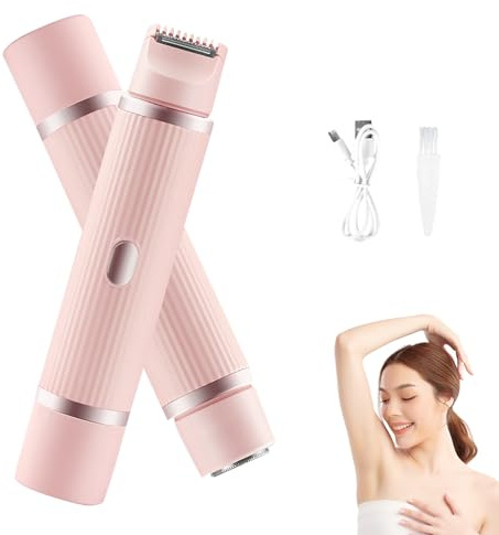 Elektrischer Bikini Trimmer für Frauen, 2-In-1 Elektrischer Damenrasierer für Intimbereich/Gesicht, Präzisionsrasierer für Scham Gesicht Achselhöhlen Beine- Leise & Hautfreundlich (Rosa Streifen)