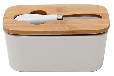 Burriere Piatto for burro in ceramica, scatola for sigillare il burro con coperchio in legno e coltello, vassoio for formaggio, piatto for burro, contenitore bianco Accessorio da cucina