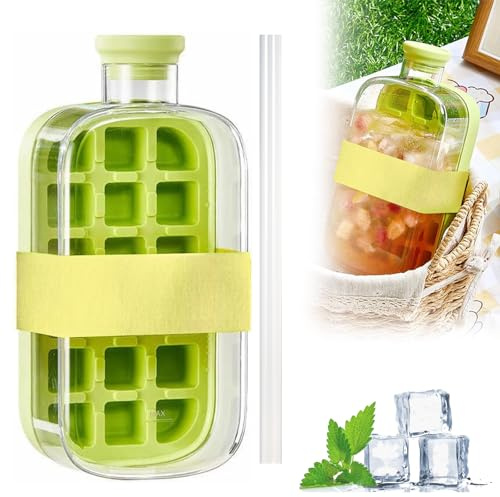 2 in 1 Ice Bottle Cup,Ice Cube Bottle with Straw, Ice Cube Cup,Portable Touch Free Ice Cube Trays, Press to Release Ice Tray for Home Ice Making, Outdoor Picnics, Office Use (Green-800ml)