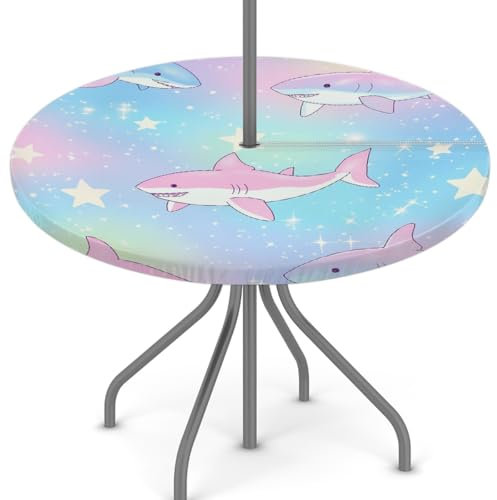 Woltant Nappe ronde avec trou de parasol et fermeture éclair facile à nettoyer avec bords élastiques - Protection de table d'extérieur pour jardin, terrasse, barbecue (requins kawaii arc-en-ciel