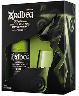 Ardbeg 10 ans Whisky Single Malt 70cl 46% coffret 2 verres | Whisky single malt 46%. Profil tourbé. Vieilli dans d'anciens fûts de bourbon. À déguster sec.