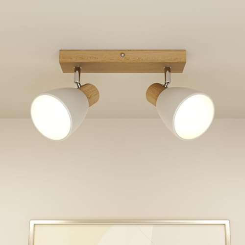 zenlavia LED Deckenstrahler 2-flammig E14, Deckenlampe aus Holz im Retro Design, Schwenkbare Wand- & Deckenleuchte für Flur, Wohnzimmer, Ohne Leuchtmittel, max. 2×40W