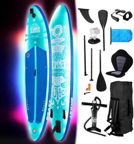 BRAST SUP Board mit LEDs | Aufblasbares Stand up Paddling Set | 320x81x15cm | 4 Designs | LED-Beleuchtung | 200kg Tragkraft | 5 Jahre Garantie | 2in1 Paddel Kajak-Sitz Action-Cam-Halterung Fußschlaufe