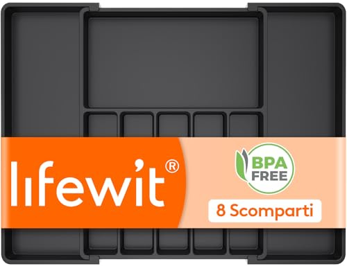 Lifewit Portaposate da Cassetto, Profondità 47 cm, Porta Posate Espandibile Fino a 69 cm, Porta Posate Cucina Regolabile in Resistente Plastica per Cucchiai, Forchette e Coltelli, Grande, Nero