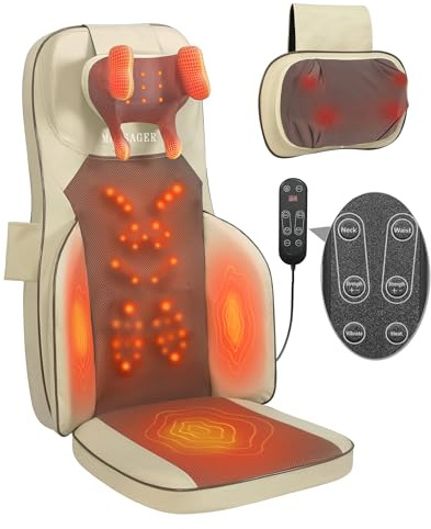 MAIBOLE Shiatsu Neck Back Massager Chair Pad w/Heat - Back Massager for Pain Relief Deep Tissue, Full-Back Kneading, Rolling - Adjustable Neck Height & Intensity