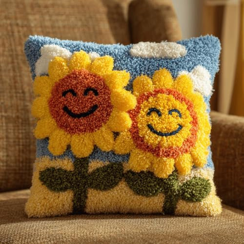 VwrxnchCoatx Latch Hook Cushion KitsFor Adults Needlework Pillow Cover Sunflower Flowers43Cmx43Cm DIY Hooks Knitted Embroidered Carpet Pillow Embroidery Latch Hook Carpet Kit