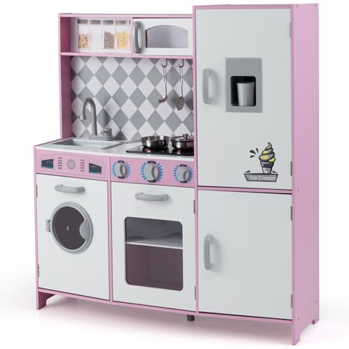 GYMAX Kids Play Kitchen, Wooden Toy Kitchen with Microwave, Ice Maker, Washing Machine, Oven, Stove, Sounds, Lights and Cookware Accessories, Pretend Kitchen Playset for Boys Girls (Pink)
