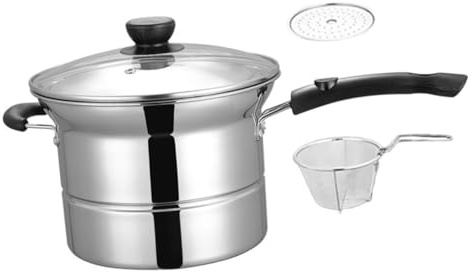 Gogogmee Pentola Multifunzione in Acciaio Inox Manico Singolo e Cestello Per Frittura, Pentola Piccola Per Bollire e Cuocere a Vapore, Kit Cucina Per Pasta, Patatine e Zuppe, Uso Domestico