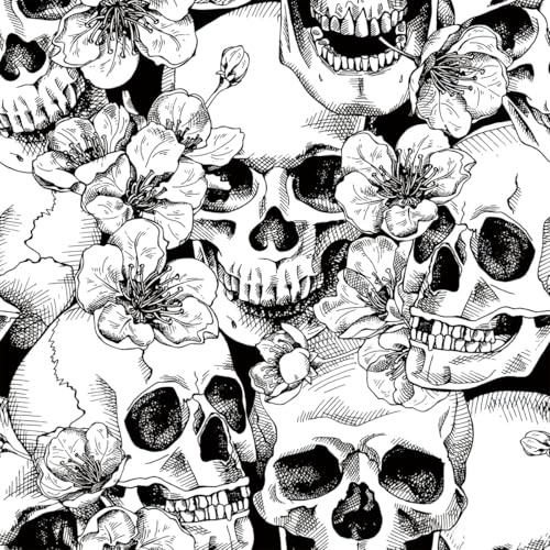 AMIGO Schwarz/Weiß Sugar Skull Tapete Gothik-Stil - Selbstklebende Abziehbare Vinyl-Folie mit Blumenmuster, für Schlafzimmer und Akzentwände 44cm x 10m