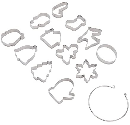 Cortadores de galletas navideñas de acero inoxidable, 12 piezas, borde de liberación rápida, plegable, seguro para hornear galletas, pasteles, fondant, plata, herramientas para