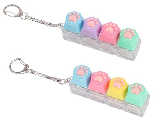 2 Pcs Keyboard Fidget, 4 Button Fidget Keyboard Clicker, Funny Cat Paw Keyboard Clicker Fidget Keyring, Keychain 4-in-1 with Cat Keycaps Stress Relief Gifts
