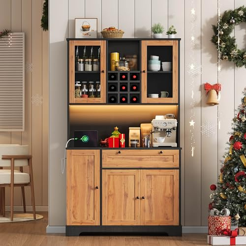 Küchenbuffet 180 × 105 × 40 cm,Küchenschrank Sideboard mit 1 Große Schublade Flaschenregal,Kitchen Cabinet mit 5 Türen /10 Ablagefächer, Kommode Buffetschrank für Küche & Wohnzimmer,Holzfarbe