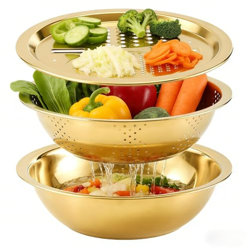 3 Pcs Stainless Steel Gold Colander Set, Strainer, Basin and Grater, for Washing Vegetables, Fruit and Potato Carrot Grater (Gold_26cm)