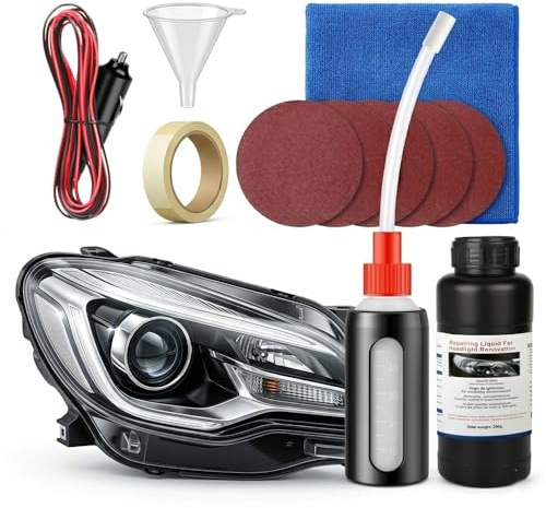 Premium Scheinwerfer Aufbereitung Set - Profi Scheinwerfer Polierset mit verbessertem Heizbecher & Sichtfenster - DIY Kit zur Scheinwerfer-Restaurierung inkl. 200ml Spezial-Flüssigkeit, 6 Schleifschei