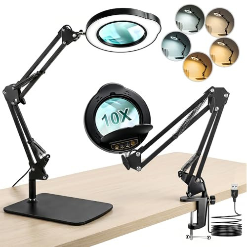Lupa con Luz y Soporte, 10X Lupa LED con Lente de Vidrio y Pinza de Mesa | Lámpara Lupa, Lupa de Aumento con Luz, Sin Distorsión, 5 Modo Color 10 Niveles Brillo, para Lectura, Manualidades, Miniaturas