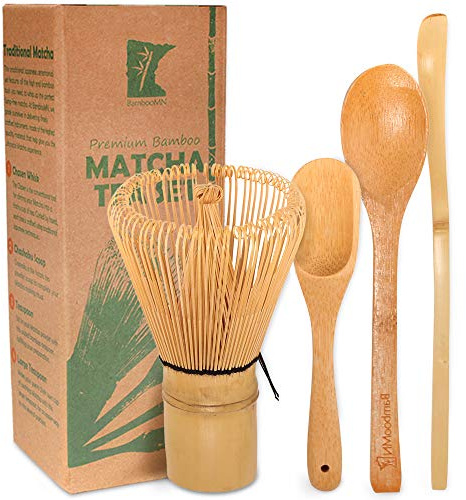 BambooMN Matcha Whisk Set - Golden Chasen (Tea Whisk) + Chashaku (Hooked Bamboo Scoop) + Deep Scoop + Tea Spoon - Premium Matcha Set to Prepare a Traditional Cup of Matcha - 1 Set