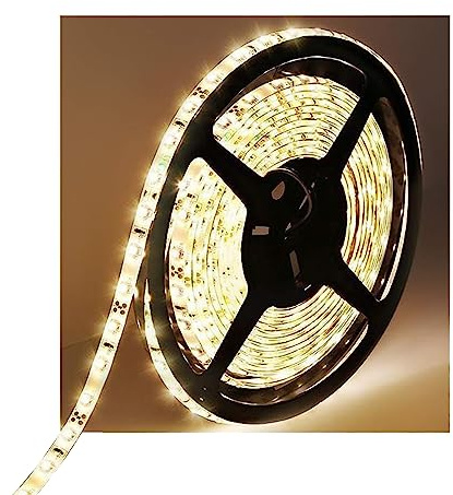 Tasodin Water-Resistance IP65, 12V Waterproof Flexible LED Strip Light, 16.4ft/5m Cuttable LED Light Strips, 300 Units 3528 LEDs Lighting String, LED Tape(Warm White), Power Adapter not Included