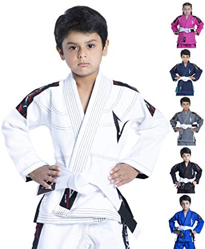 Vector Sports 100% Cotton Pearl Weave Kids Brazillian Jiu Jitsu BJJ Gi Attila Series Kimono Lightweight Preshrunk Fabric with Free White Belt (White, K1)