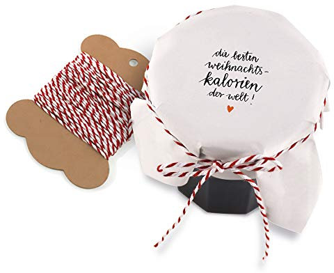 25 Marmeladendeckchen - die besten Weihnachtskalorien der Welt - Gläserdeckchen weiß für Marmelade, Marmeladengläser & Einmachgläser, Recyclingpapier Abreißblock + 10 m Garn + Justiergummi
