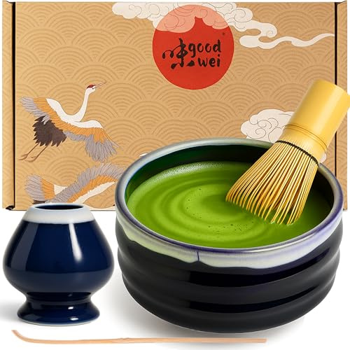 Goodwei Matcha Kit con Cuenco Matcha Ceramica, Batidor y Cuchara Te Matcha | Tazón de Té Chawan artísticamente, Soporte para Batidor en el mismo diseño | Juego Ceremonia del Té (Kori, 80)