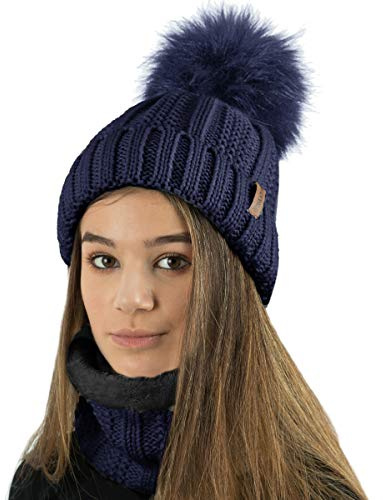 TOSKATOK Dam Vinter Ribbad Frö Söm Mössa Med Varmt Mysigt Fleecefoder och Stor Fuskpäls Pom Pom, Marinblå Set, En Storlek