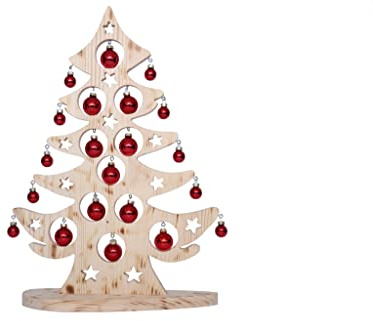 Albero di Natale decorativo in legno – Albero Finto Decorazione natalizia moderna con piedistallo rimovibile nel set con palline di Natale rosse, 50 cm di altezza x 40 cm di larghezza