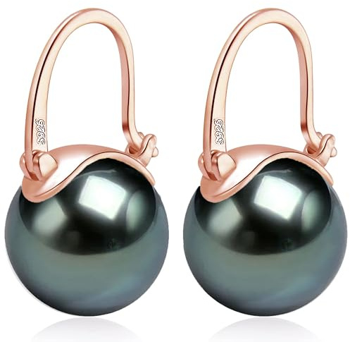 HUGE TOMATO Svarta gröna droppörhängen, 14 mm eleganta stora pärlörhängen 925 sterlingsilver roséguldpläterade spänne för mode för kvinnor, dingla bågeörhängen för present