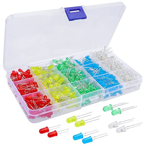 Mesee Pack of 500 Pieces 5mm Light Emitting Diodes Multicolor LED Bulb Lamp White Yellow Red Blue Green LED Diode Assorted Kit for Arduino Electronic Components Parts