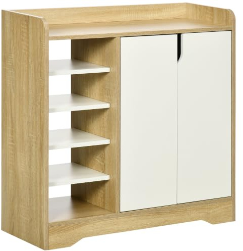 HOMCOM Mueble Zapatero Moderno Estrecho 80x30x80 cm Natural y Blanco | 2 Puertas, Estantes de Almacenamiento, para 13 Pares de Zapatos, para Entrada Pasillo