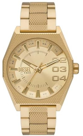 Diesel Scraper reloj para Hombre, movimiento de cuarzo con fecha a tres agujas y correa de acero o piel, 43 mm, Tono Oro