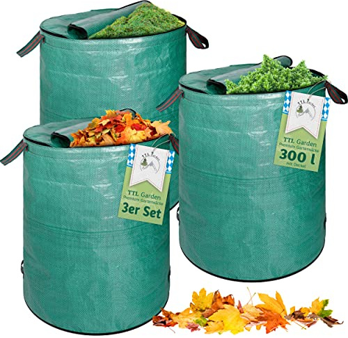 TTL GARDEN 3X 300L Gartensack Deckel & DOPPELTER Boden - 4 Griffe 150gsm | Extra groß stabil robust & faltbar 3er Set 300 Liter Garten Sack - Laubsack für Gras, Laub & Garten Abfall selbststehend