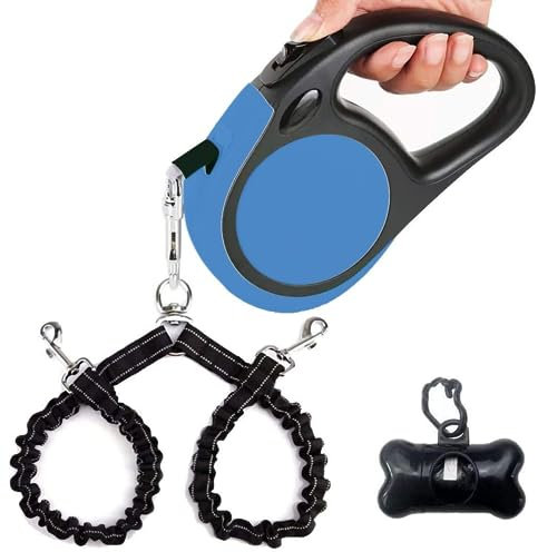 Ausziehbare Doppelleine für kleine Rassen (je bis zu 20 kg) – doppelköpfige, ausziehbare Haustierleine mit Kotbeuteln, Rutschfester Griff – EIN-Knopf-Bruch und Verriegelung, 360° verheddert Sich