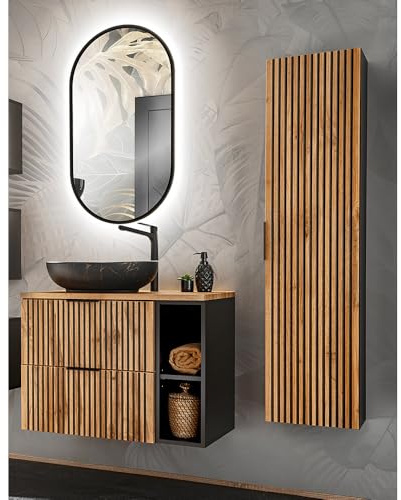 Lomadox Badmöbel Set mit Waschtisch Regal Kombination und Aufsatzwaschbecken in anthrazit mit Eiche Nb. mit schwarzen Rillen