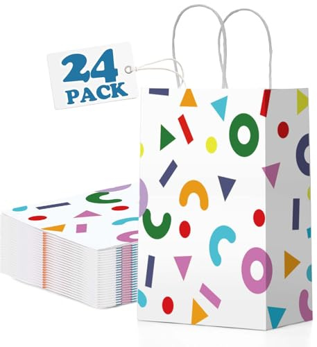 Switory 24 Stück Geschenktüten Klein, Party Papiertüten mit Henkel, Bausteine Weiß Papiertüten Für Party, Geburtstag, Hochzeit, Valentinstag 15x8x21CM