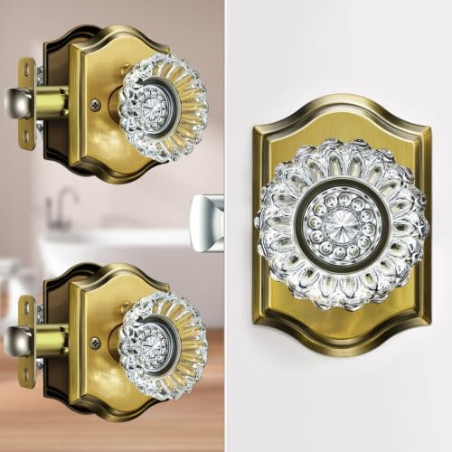 Calzibeno Kristall-Türknäufe für den Innenbereich mit Schloss, Antik-Messing-Glastürknäufe für den Innenbereich für Privatsphäre, Kristallglas, Vintage-Türknauf-Set für Schlafzimmer, Badezimmer, 3