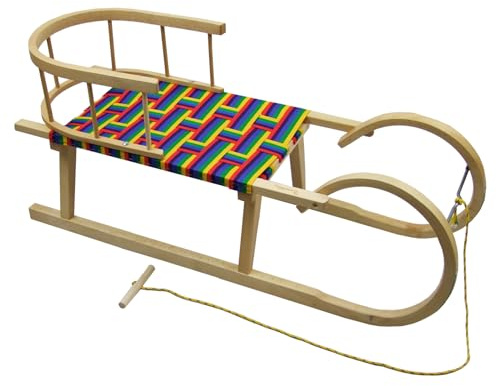 Slitta in legno per bambini, slitta da neve con schienale e corda di trazione, 100 cm, seduta in fibre sintetiche, arcobaleno
