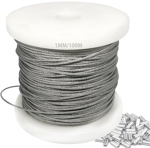 1mm 304 Wire Rope Stainless Steel Wire Cable 100m Length 7x7 Cross Section 100kg Breaking Load stainless steel cable with 100 Pcs Aluminum Crimping Clamps Loop Sleeve (Diameter: 1mm Length: 100m)