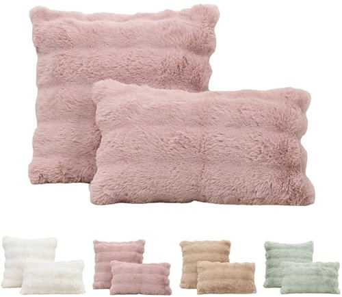 Tospass 2er Set Kissenbezug 50x50 cm Rosa Künstlich Kaninchenfell Kuschelkissen Flauschig Weich Glatt Sofakissen Dekokissen, Deko Wohnzimmer Zierkissen Couchkissen mit Unsichtbarer Reißverschluss