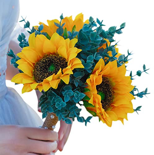 RXMORI Künstliche Sonnenblumen-Hochzeitssträuße, Sonnenblumen-Hochzeitsstrauß, Brautstrauß mit Eukalyptus, Künstlicher Seidenblumenstrauß mit Sonnenblumen für die Brauthochzeitsdekoration(#1)