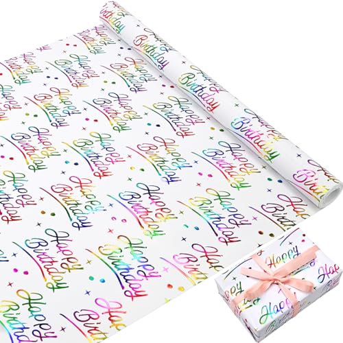 Geburtstagsgeschenkpapier, weiße Geschenkpapierrolle, bedruckt mit „Happy Birthday“, recycelbarem Geschenkpapier für Geburtstagsgeschenkverpackung, Party-Dekoration