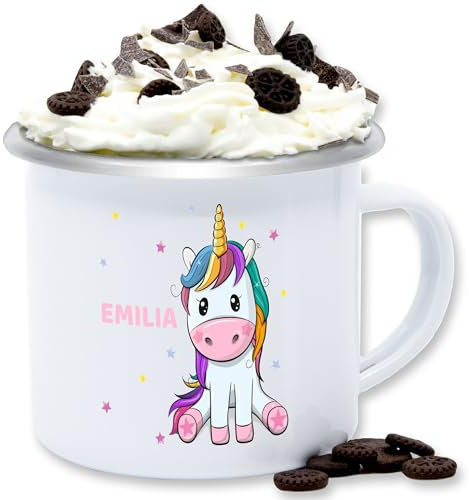 Emaille Tasse Blechtasse - Einhörner - Einhorn Unicorn - 300 ml - Weiß Silber - personalisierte becher kinder unicorns tassen kindertasse einhörnern namenstassen personalisierter schulkind name