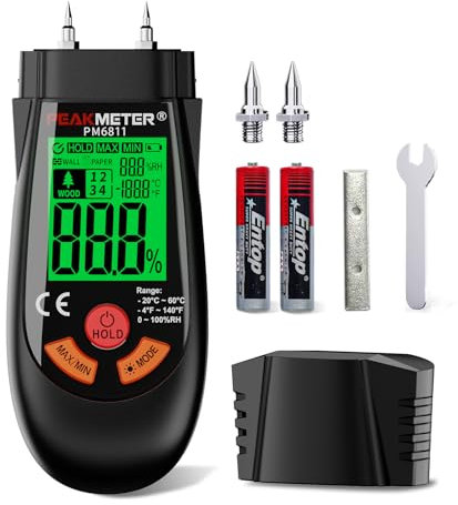 Feuchtigkeitsmessgerät mit neuen Temperatur- und Feuchtigkeitsfunktionen (8 Modi) ermöglicht Ihnen die schnelle Messung des Feuchtigkeitsgehalts von Holz und Baumaterialien.