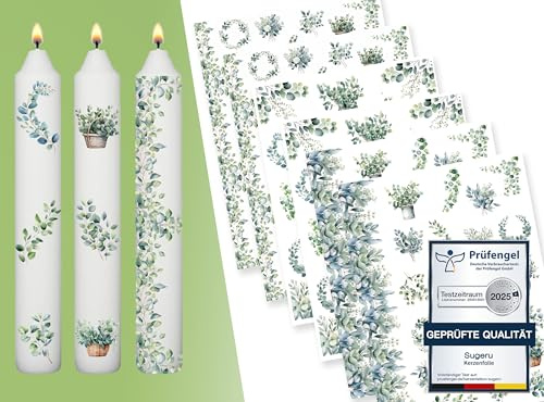 Sugeru® 6 X DIN A5 kerzenfolie(200+Muster), Kerzentattoo Wassertransferdruck | Wasserschiebefolie kerzen dekorieren| kerzenaufkleber sticker | Lieblings Person,Valentinstag (Eucalyptus II)