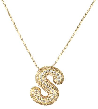 RWQIAN Bubble Buchstaben Kette Silber/Gold Damen Balloon Initialen Haskette Bling Zirkonia Buchstaben Anhänger Bubble Letter A-Z Schmuck Geschenke für Frauen