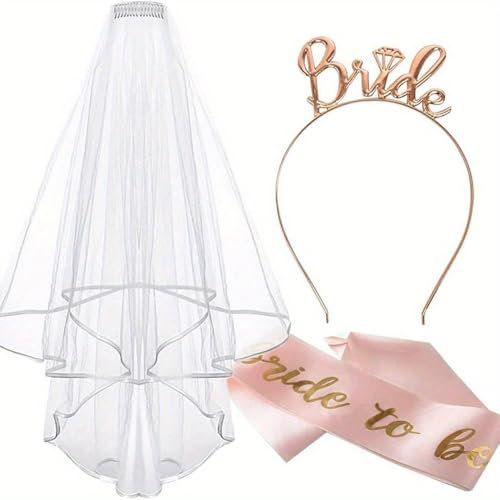 OrangeClub Bride to Be Schärpe und Schleier Frauen Junggesellinnenabschied Accessoires Weiß Braut JGA Rosegold Stirnband Tiara Hochzeit Fotorequisiten Spiele Zubehör für Bachelorette Party (A)