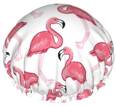 Wiederverwendbare Duschhaube für Damen, Sommer, rosa Flamingo-Badehaube, doppellagig, wasserdicht, Dusch-Haarschutz, verstellbares Gummiband, Duschhut für Home-Spa-Salon, Badehauben